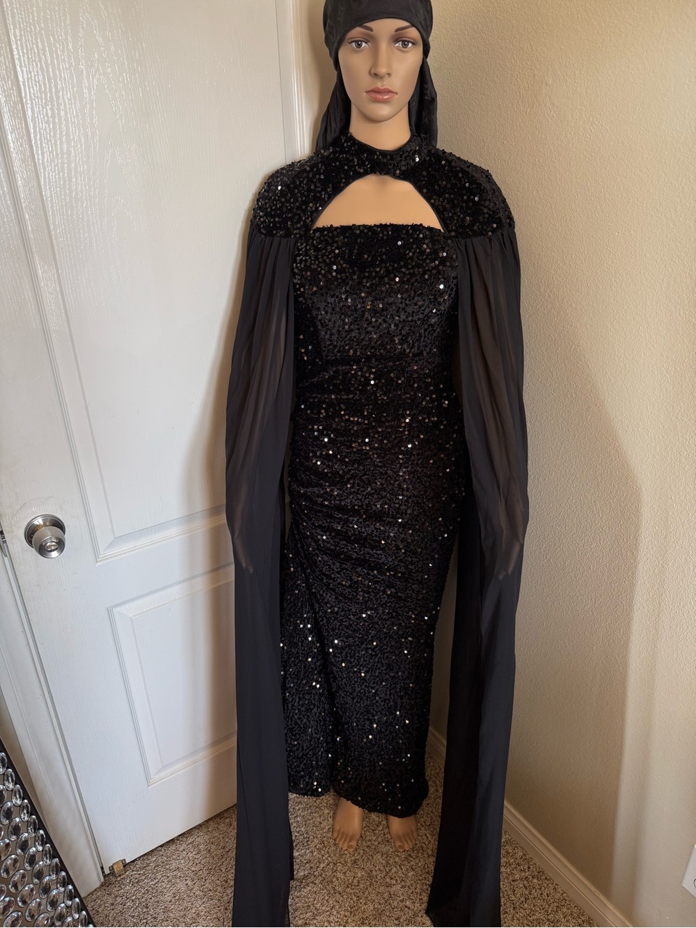 Black Sequin Strapless Gown with Sheer Cape